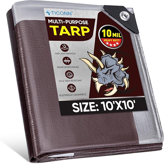 TICONN Heavy Duty Tarp Cover, Extra Thick Tarps Waterproof Tear and Rip Proof UV Resistant Tarpaulin with Reinforced Grommets and Edges (10 Mil, 10'×10')