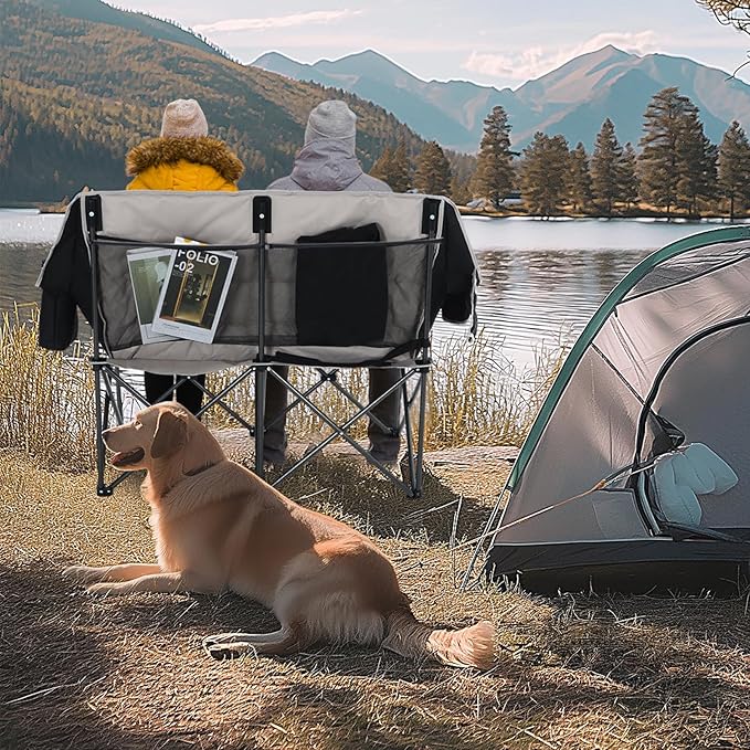 Nice C Heated Camping Chair with Battery, Outdoor Heated Folding Chairs, Double Padded Camping Chair for Adults, Camping Couch, with Cooler Bag, 2 Power Banks Included (Black&Grey)