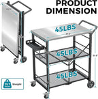 Ciokea Folding Outdoor Grill Cart with Wheels, 3-Shelf Grill Table with 27x18 in Stainless Steel Top, Rolling Pizza Oven Stand, Metal Portable Cart for BBQ Patio Camping (Black)