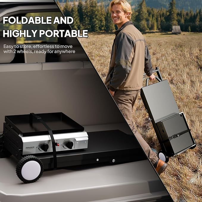 Bonnlo Foldable Flat Top Grill with 2 Burner, Powerful 20,000 BTU Propane Gas Grills with Ignition, Enamel Griddle, Side Shelf & Portable Cart with Wheels for Outdoor Camping Hibachi Grill Use