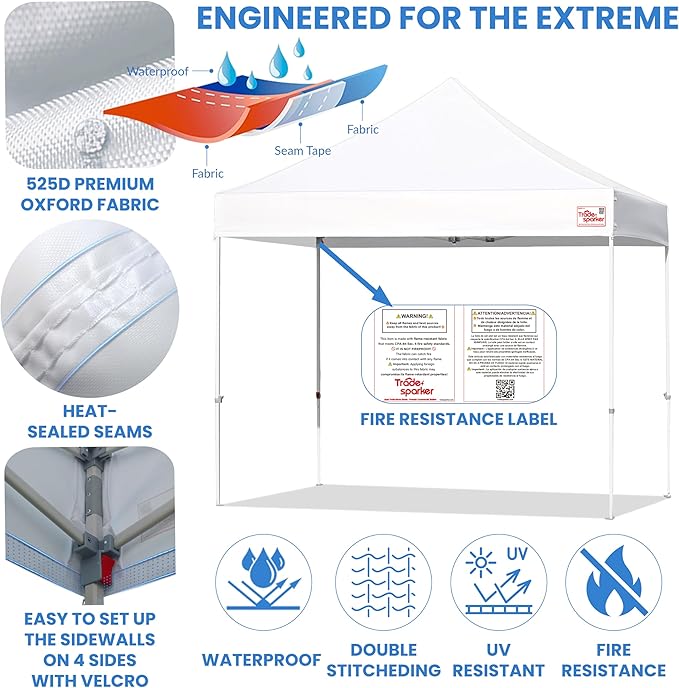 Tradesparker 10x10 Pop Up Canopy Tent,Commercial Movable Canopy with ApexCore LED&Rugged Casters-Instant Easy Setup Shelter Canopies with Weight Bags&Stakes for Outdoor Events Markets,White&Red
