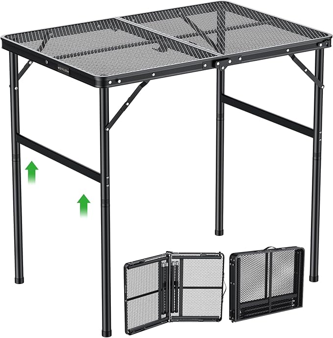 GARLLEN Folding Grill Table, 2-Height Adjustable Folding Camping Table with Heat-Resistant Wider Tabletop, Portable Aluminum Outdoor Tables for BBQ, Camping, Picnic, 35" L x 21.65" W, Black