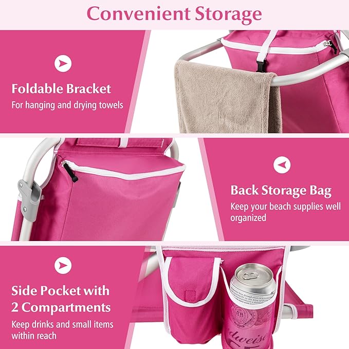 GYMAX Beach Chair, 330lbs Backpack Lounger with 5-Position Backrest, Storage Bag, Side Pocket, Towel Bar & Headrest, Foldable Low Beach Lounge, Portable Aluminum Lay Out Camp Chair (2, Pink)