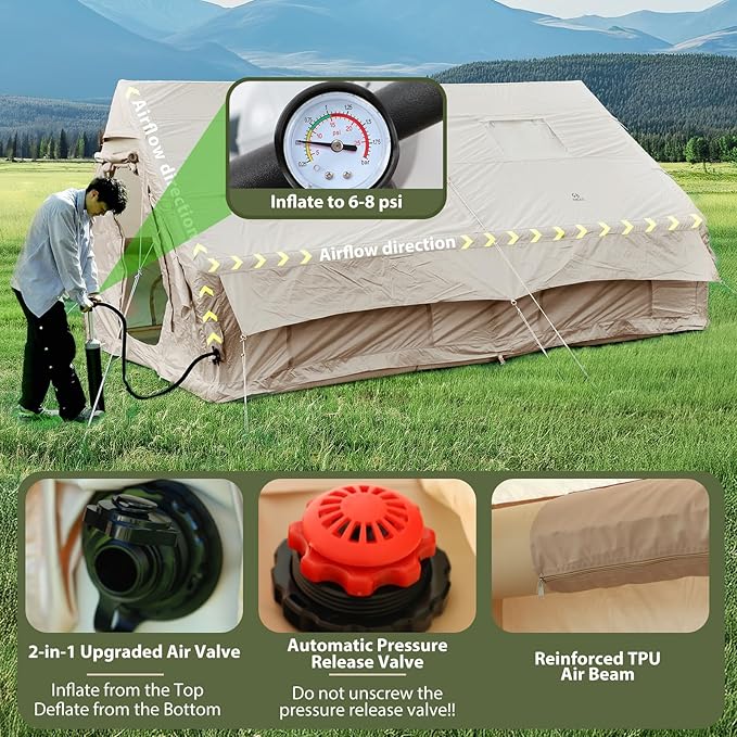 Nice C Inflatable Tent for Camping, Glamping Tent for Adults, Blow Up Tents, with Air Pump, 2-in-1 Air Valve, Chimney Opening, Waterproof, Windproof, Easy Set Up