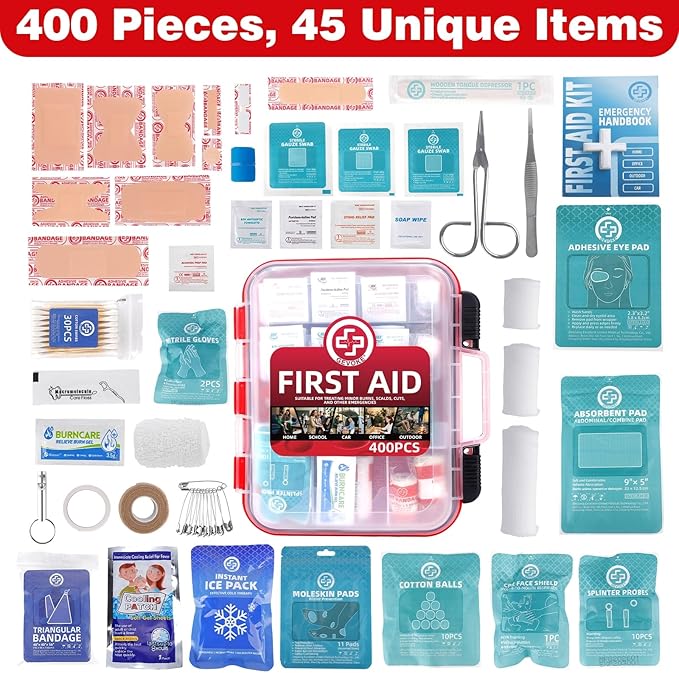 400 Piece First Aid Kit - Organized Dual-Layer Wall-Mountable Hard Case Medical Kit for Home, Car, Camping, Travel, Hiking, Truck, Office, Sports, Vehicle & Outdoor Emergencies