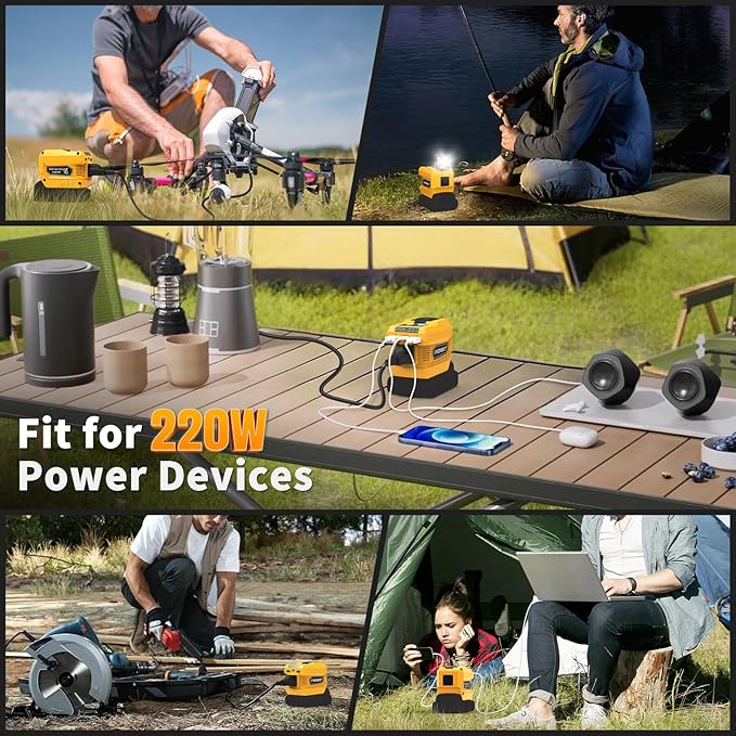 2 Pack Kzreect 220W Power Inverter Compatible with DeWalt 20V/18V Batteries (Battery Not Included), DC to 110V AC Converter with 1 AC Outlet, USB-C, Dual USB-A & 400LM LED Light for Camping, Emergency