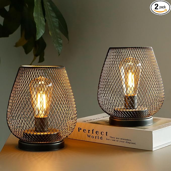 TRIROCKS Set of 2 Medium Battery Powered Outdoor Lantern 6.5'' High Metal Table Lamp Cordless Battery Operated Lamps with LED Edison Bulb for Home Wedding Parties Patio Events Indoors Outdoors(Brown)