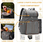 Picnic Backpack for 4, Picnic Basket Set, Leakproof Picnic Bag, Beach Cooler Backpack with Insulated Cooler Wine Pouch,Picnic Blanket, Double Deck Picnic Backpack for Beach,Camping,Park(Grey)