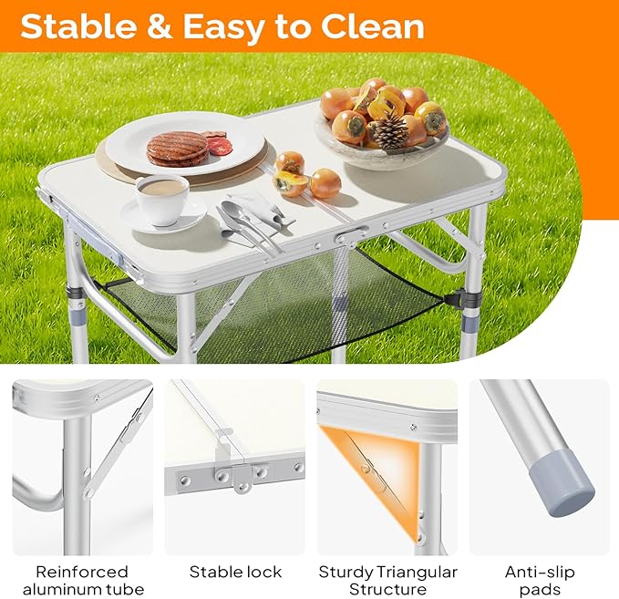 VINGLI Small Folding Table Portable 2FT Aluminum Foldable Camping Table for Picnic Card Table with 3 Adjustable Height & Carry Handle for Outdoor Indoor Hiking Camp BBQ Beach-White