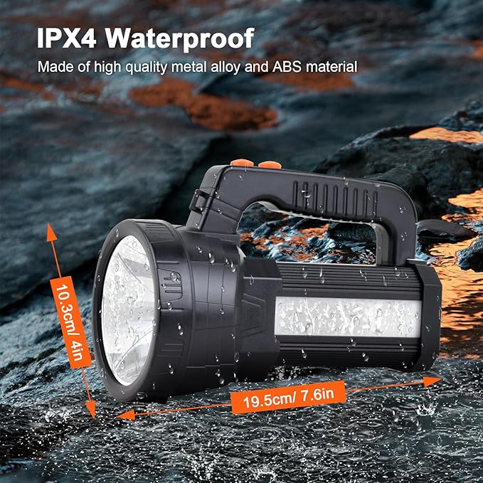 ERAY Handheld Large Flashlight Rechargeable, 10000 Lumens Powerful LED Spotlight Searchlight Strobe Flashlight Lantern Combo Black, 6 Lighting Modes for Outdoor Camping Hiking Fishing Emergency