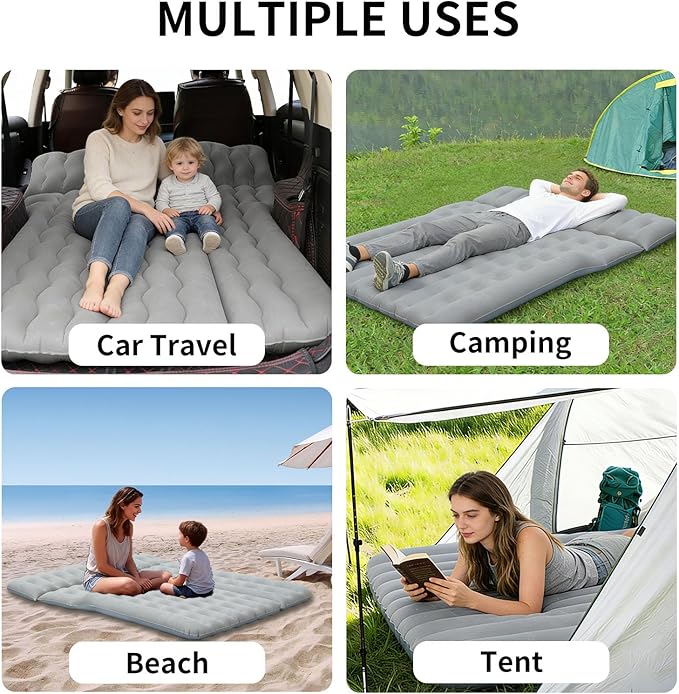 Car Air Mattress, Inflatable SUV Truck Camping Mattress for Back Seat, Thickened Travel Car Bed Sleeping Pad with Air Pump 2 Pillows (SUV-Grey, SUV Air Mattress)