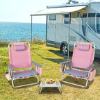 Tangkula Backpack Beach Chair with Table, 5-Position Lay Flat Chairs with Cooler Bag, 2 Cup Holders, Towel Bar, Lightweight Low Folding Chair with Backpack Straps, Pink