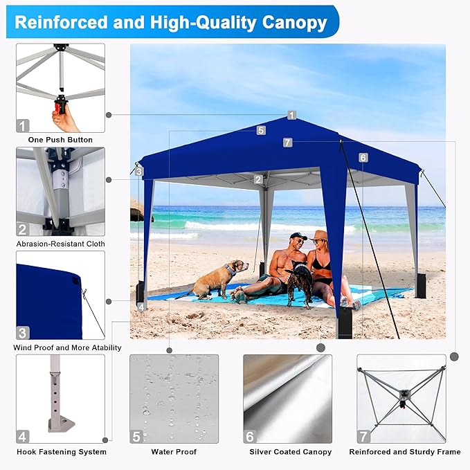 SANWAY 10x10 Pop up Canopy Tent, One-Button, Outdoor Instant Canopy Protable for Events, Camping, Parties, Vendor, Beach Tent - Blue