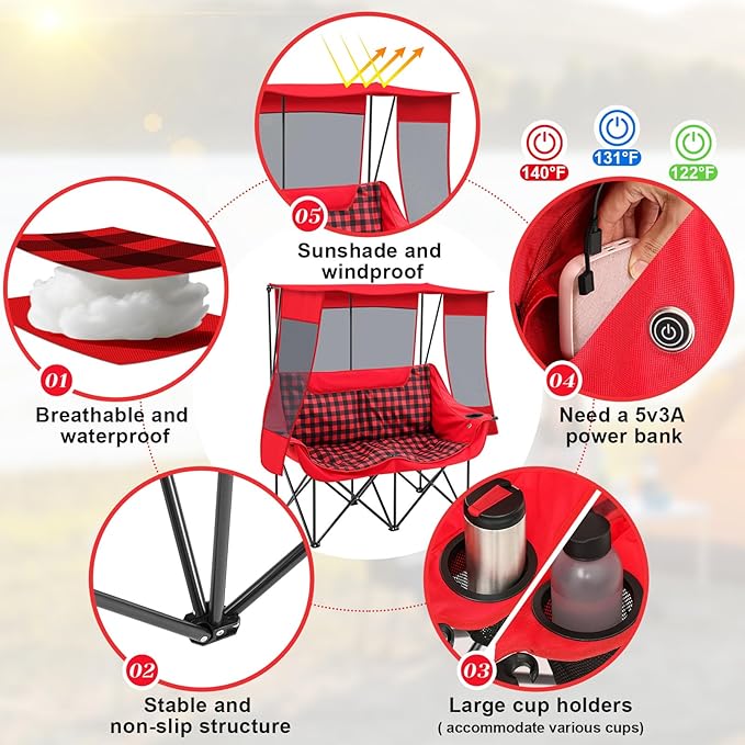 Double Camping Chair with Canopy Shade Oversized Folding Loveseat with Roof, 660lbs Heavy Duty Outdoor Lawn Chair with Holders Pocket for Camping, Fishing (Heating Zones for Cool Evenings)(Red Plaid)