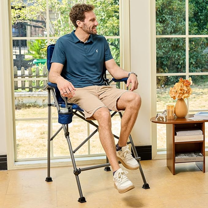 EVER ADVANCED Tall Camping Directors Chair with Cup Holder 31", Bar Height Folding Chair for Camping, Sports with Carry Bag, Mesh Pockets and Footrest, Heavy Duty 300 lbs, Blue