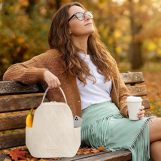 Lunch Bag for Women Insulated,Soft Lunch Cooler with Side Pockets Reusable,Leakproof Lunch Box for Work Picnic Beach Camping,Beige
