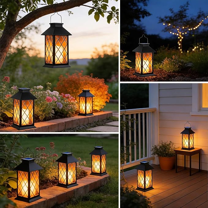 Solar Lanterns Outdoor Waterproof, 2 Pack Glass Hanging Solar Lights with Flickering Flameless Candle, Outdoor Lanterns for Patio Wall Porch Table Garden Yard Tree, Gift for Women Mom - Black