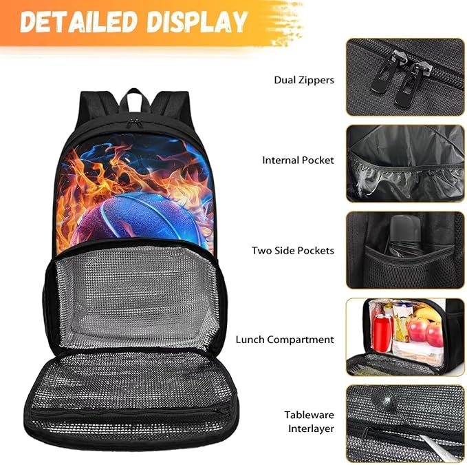 Casual Bookbag Laptop Backpacks Hiking Outdoor Insulated Unisex Lunch Cooler Backpack All In One Food Backpack Meal Bag Travel Work Daypack for Men Women, Fire Flame Basketball