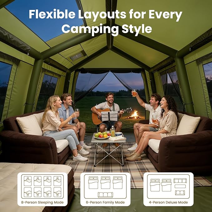 ABORON 2/6/8/10/12 Person Inflatable Camping Tent, Easy Setup Blow Up Tent with Hand Pump, PU3000mm Waterproof & Breathable 4 Season Glamping Tent for Outdoor Camping