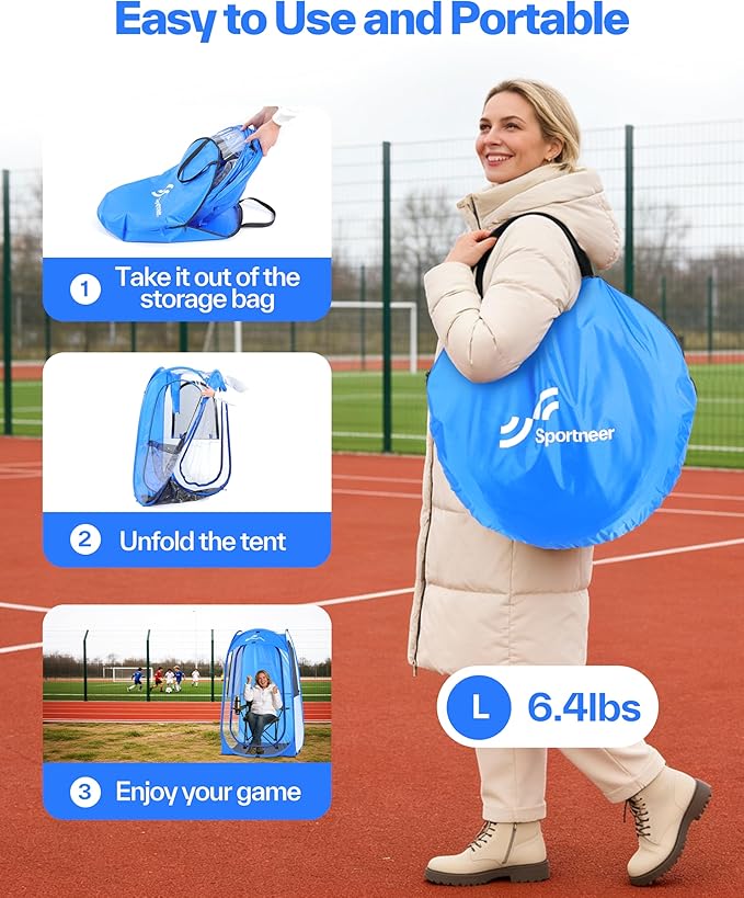 Sportneer Pop Up Sports Tent, 3-Side Clear TPU Transparent Shelter, All-Weather Warm Outdoor Bubble Pod with Instant Setup, Portable Wind & Rain Protection for Spectators, Parents & Kids (L/XL)