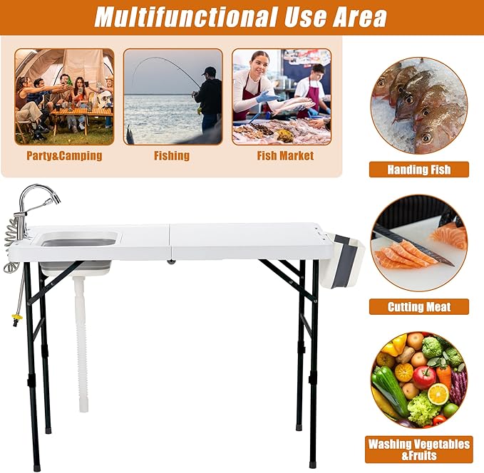 Spurgehom 50" Portable Fish Cleaning Table with Sink&Collapsible Wash Basin, Folding Camping Table with Faucet, Sprayer, Gloves, Trash Can, Storage Bag, Foldable Picnic Table for Picnic Beach Patio