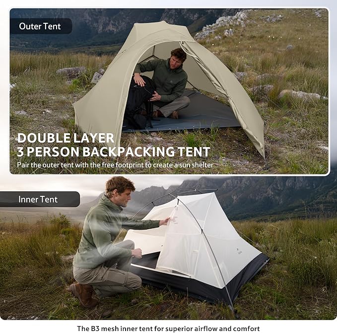 Naturehike Cloud Up 3 Person Backpacking Tent with Footprint - 3 Season Free Standing Lightweight 3 Person Camping Tent | with Footprint, Free Standing, Dome, Camping, Hiking, Waterproof