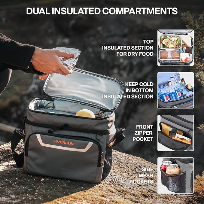 EVERFUN Small Cooler Bag 24 Can Insulated Lunch Box Double Deck Soft Leak-Proof Waterproof Collapsible Ice Chest for Men Women Work Travel Car Trip Picnic Beach