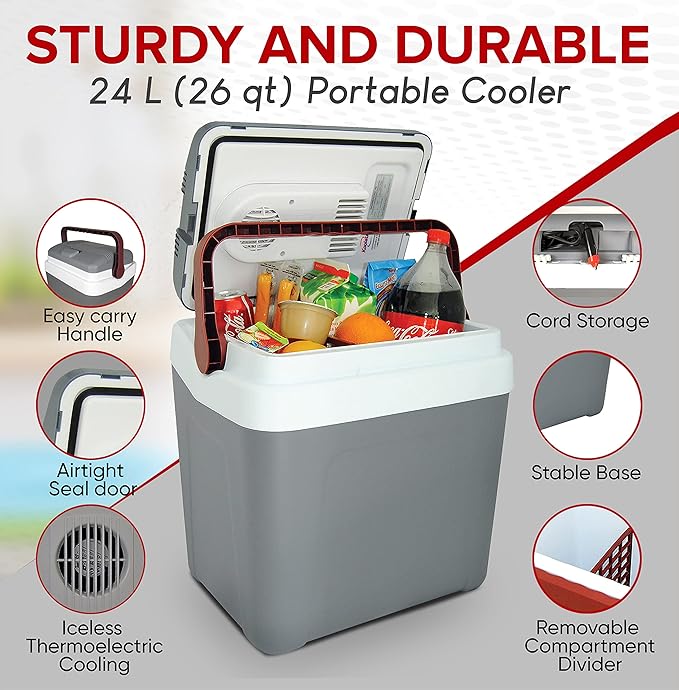 Koolatron 12V Iceless Cooler & Warmer – Portable Electric Cooler/Nevera Portátil Eléctrica for Car Truck Camper Boat, Hard Sided Mini Fridge for Camping Picnic Travel Lunch Food Drinks Office 26 qt