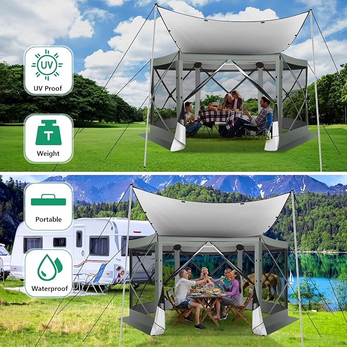 COBIZI 12x12FT Pop Up Gazebo Screen Tent Screen House for Camping, Camping Outdoor Screened Gazebo with Sidewalls, Portable Hub Tent Instant Screened Canopy with Carrying Bag and Ground Stakes, Gray