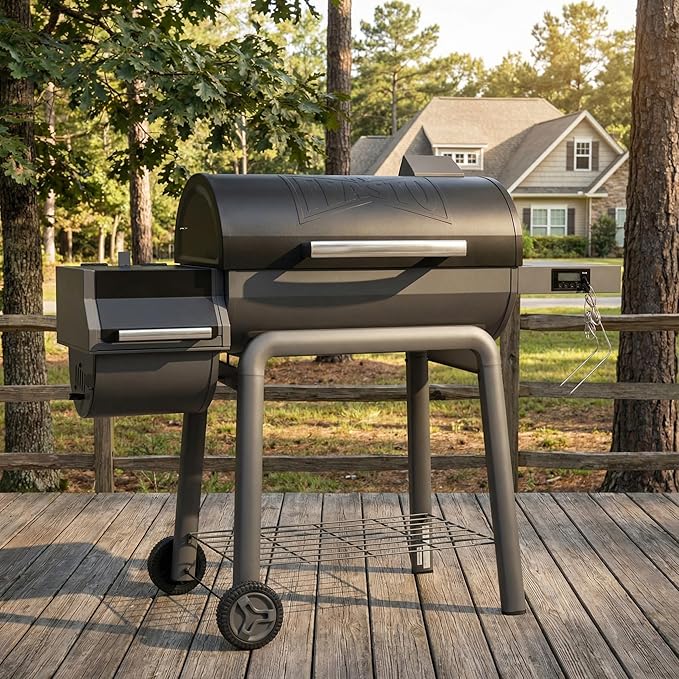 30-Inch Heavy-Duty Charcoal Grill with Digital Temperature Control & 2 Meat Probes, Outdoor BBQ Grill with Offset Smoker, 815 Sq. In. Cooking Space for Backyard BBQ, Black & Grey