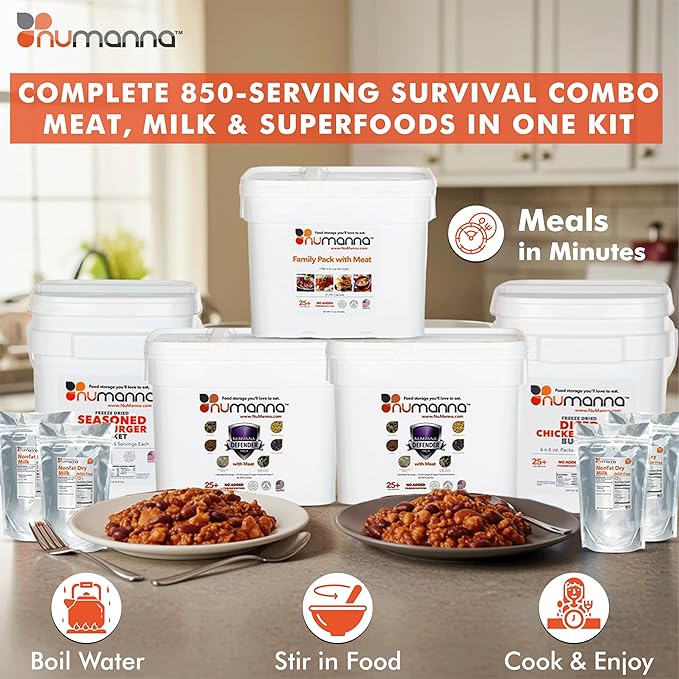 Numanna Survival Kit 850 Servings Includes 1 Family Pack with Meat, 1 Diced Chicken, 1 Ground Beef, 2 Defender Nutritive Packs with Meat & 6 Hormone-Free Milk Powder Pouches for Camping, Daily Use