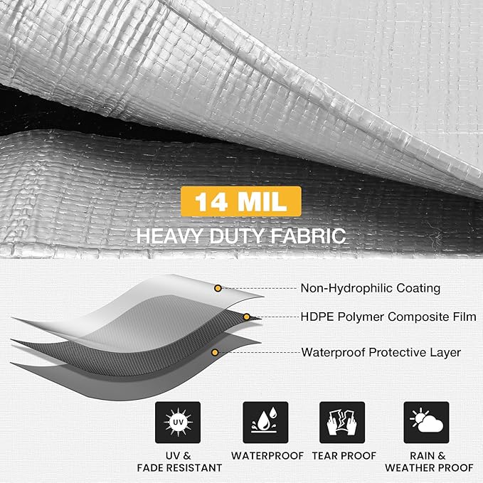 Tarp 12x24 Feet 14 Mil Heavy Duty Waterproof Tarp, Large Multipurpose Cover with Brass Grommets and Reinforced Edges, UV Resistant Thick Poly Tarps for Outdoor Camping Tent Pool Car