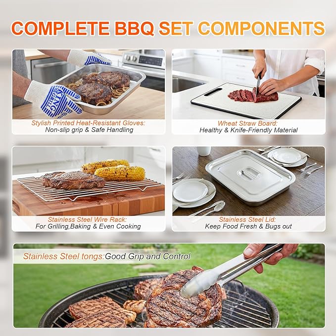 7-Piece Grill Prep and Serving Tray Set, Stainless Steel BBQ Marinating Container with Lid, Cutting Board, Wire Rack, Tongs & Heat Resistant Gloves, Stackable Large Meat Pan for Camping & Tailgating