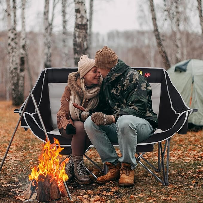Nice C Heated Camping Chair with Battery, Outdoor Heated Folding Chairs, Double Padded Camping Chair for Adults, Camping Couch, with Cooler Bag, 2 Power Banks Included (Black&Grey)