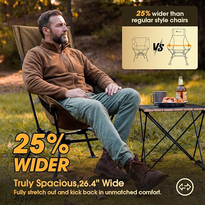 MOON LENCE Oversized High Back Camping Chair for Adults, Height Adjustable Folding Chair with 400 lbs Capacity, Hidden Pillow Pocket and Wide Seat for Camping, Base Camp, Fishing, Overlanding, Khaki