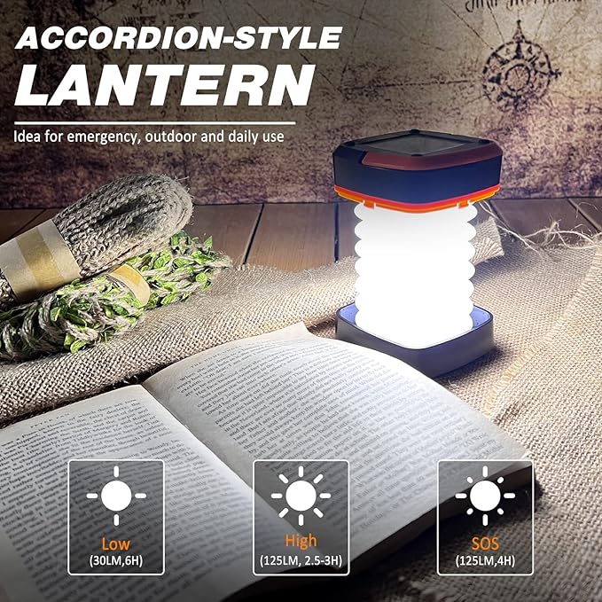 2-Pack Folding Solar Camping Lantern Flashlights, DIBMS Mini Collapsible USB Rechargeable Waterproof Hanging Light for Camping Hurricanes Emergency Power Outages Indoor Outdoor