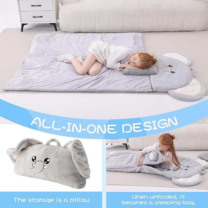 70" 4.2lbs Elephant Thickened Kids Nap Mat for Preschool, Daycare,Kindergarten,Soft Washable for Boys and Girls, 2-in-1 Stuffed Animals Sleeping Bag and Pillow, Sleep Sack for Toddlers