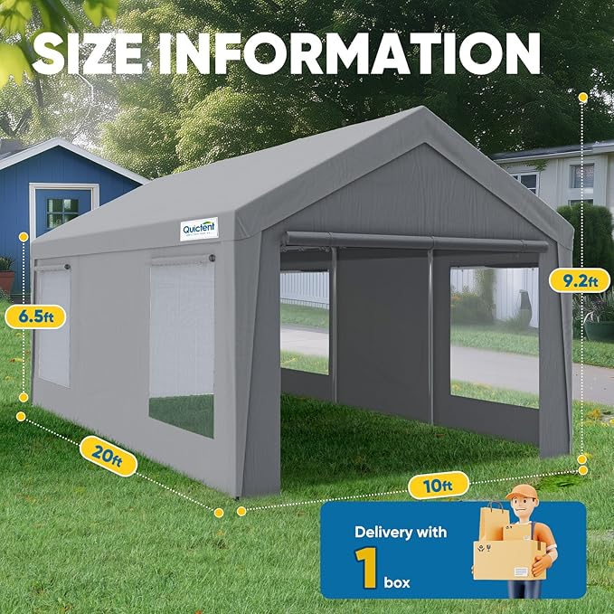 Quictent Upgraded 10x20 ft Heavy Duty Galvanized Carport - Reinforced Outdoor Garage Canopy Tent with Roll-up Ventilated Windows & Sidewalls, Weatherproof Shelter for Car, Boat, RV - Gray