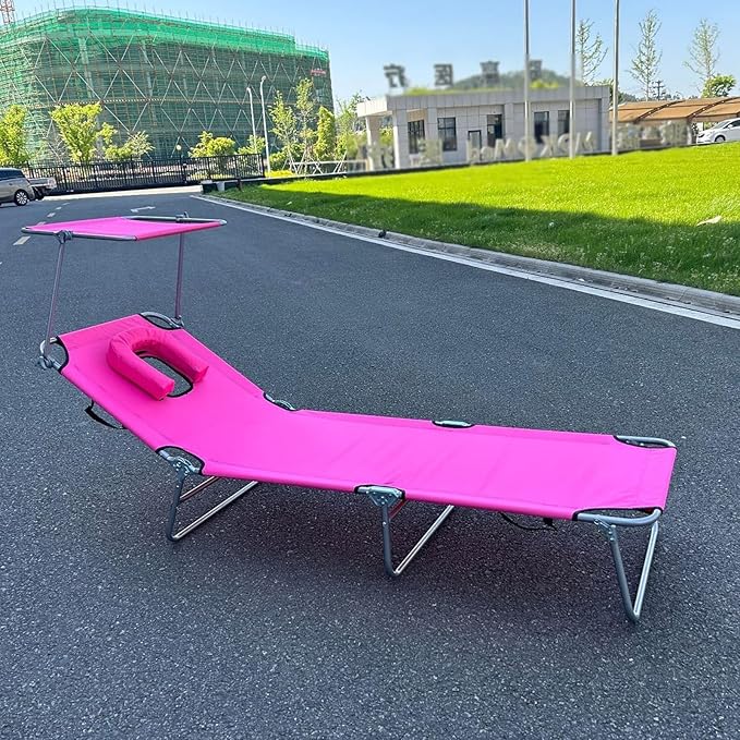 Portable Folding Bed for Adults with Neck Strap Metal Canvas Fold Up Bed with Sunshade Cots for Camping with Handles Load Bearing 160kg for Guest, Travel, Vacation, Camping(Purple)