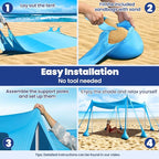Rhino Valley Beach Tent Shade Canopy UPF50+ Protection, 8 Sandbags, 4 Stability Poles, Outdoor Sun Shelter Umbrella for Sand, Camping, Fishing Essentials