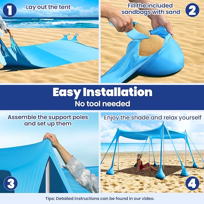 Rhino Valley Beach Tent Shade Canopy UPF50+ Protection, 8 Sandbags, 4 Stability Poles, Outdoor Sun Shelter Umbrella for Sand, Camping, Fishing Essentials