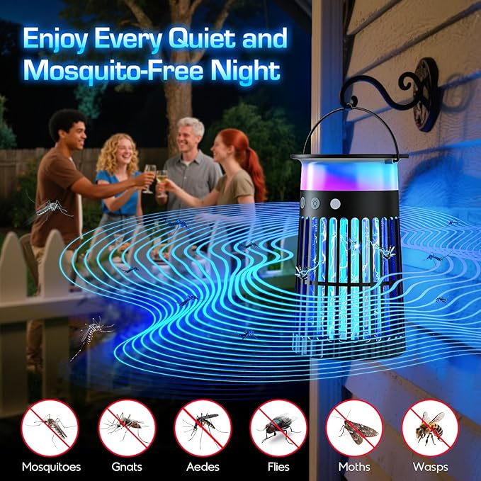 Solar Bug Zapper Outdoor, Waterproof Mosquito Zapper with RGB & Flame Light, 4200V Electric Bug Zapper Indoor, 4000mAh Rechargeable Mosquito Killer Fly Zapper Trap for Patio Backyard Kitchen Camping