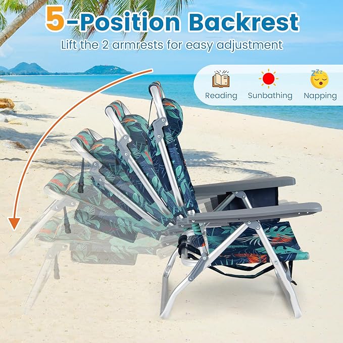 Goplus Beach Chair, Folding Backpack Beach Chairs for Adults with 5 Positions, Head Pillow, Cooler Bag, Towel Bar, Cup Holders, Sunbath Sling Tanning Lounge, Foldable Layout Camping Chairs