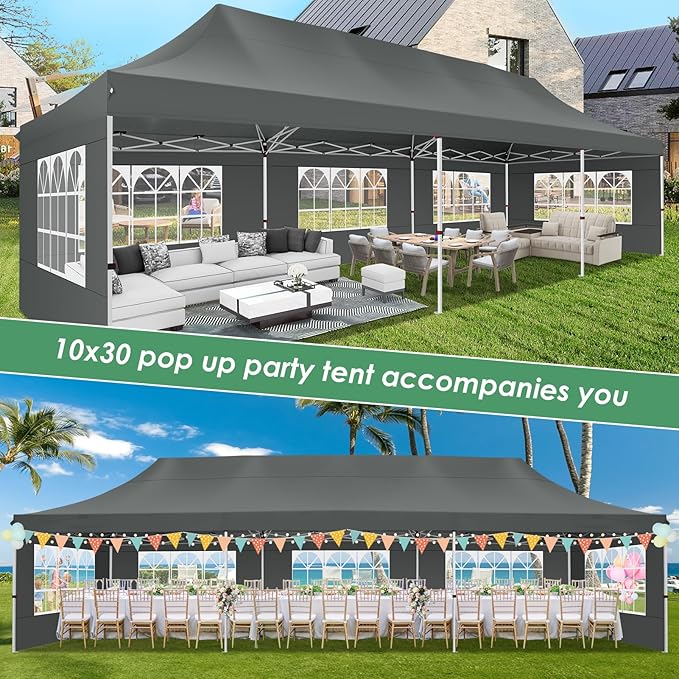 COBIZI Canopy Tent 10x30 Pop Up Canopy with 8 Removable Sidewalls Party Tents for Parties Wedding Patio Commercial Waterproof and UV50+ Ez Outdoor Instant Gazebo with Roller Bag & 4 Sandbags(Grey
