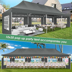 COBIZI Canopy Tent 10x30 Pop Up Canopy with 8 Removable Sidewalls Party Tents for Parties Wedding Patio Commercial Waterproof and UV50+ Ez Outdoor Instant Gazebo with Roller Bag & 4 Sandbags(Grey