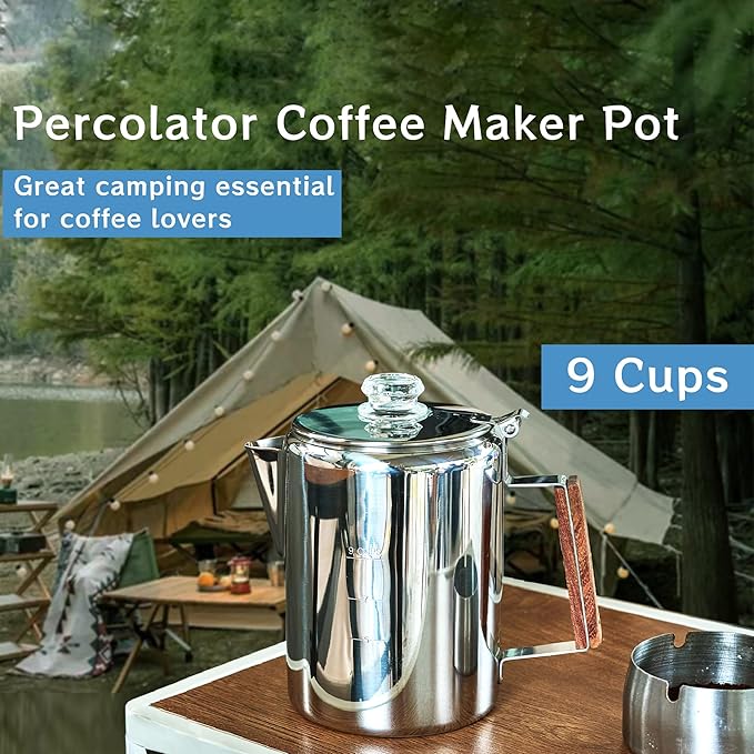 Camping-Fire Coffee Percolator Stovetop Pot- Stainless Steel Stove top Coffee Pot, Unleash Flavor in the Great Outdoors (9 Cups)