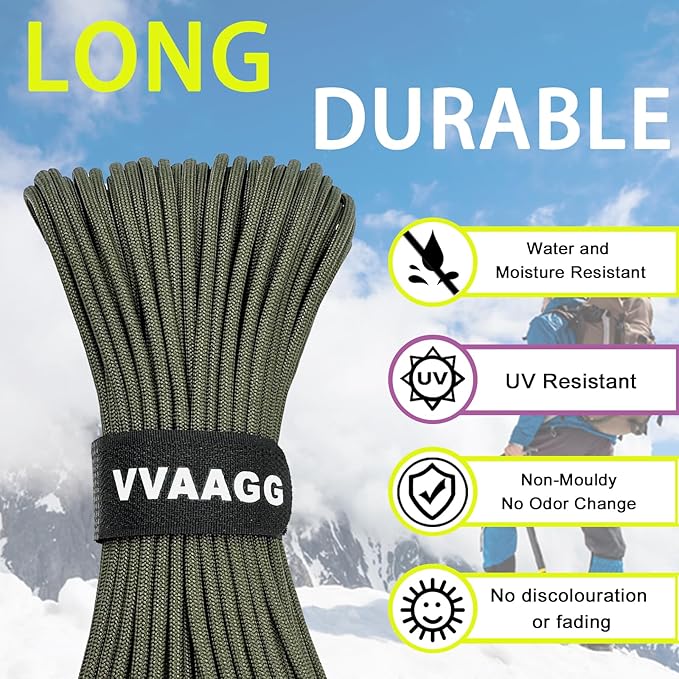 VVAAGG 1000 Paracord Rope 200FT, 4mm Utility Parachute Cord 12 Strand Nylon Rope for Camping, Tent, Clothsline, Outdoor Hiking, Fishing (Army Green, 200FT)