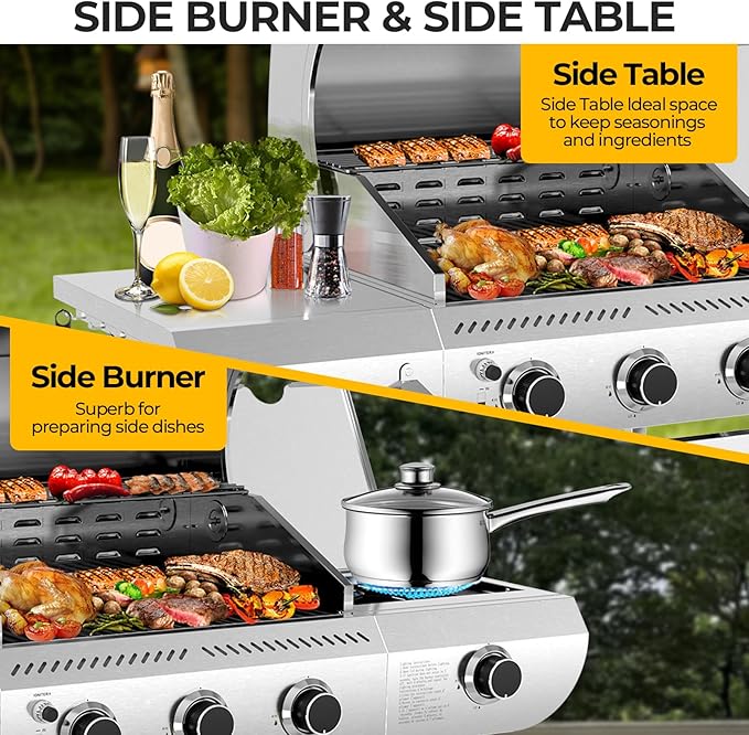 34,000 BTU 3-Burner Propane Gas Grill with Side Burner, All Stainless Steel BBQ Grill, Cast Iron Grates & Portable Cart with Wheels，Outdoor Barbecue Grill for Backyard, Patio, Camping (G31 PRO)