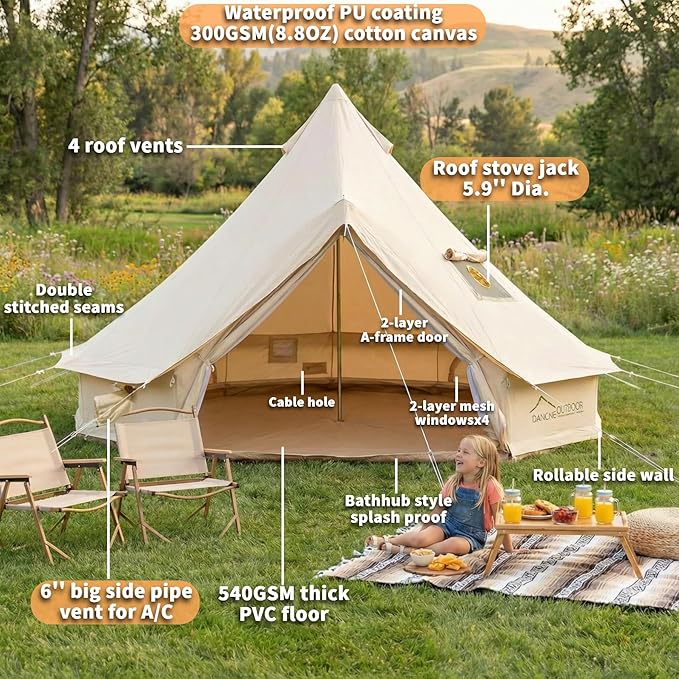 DANCHEL OUTDOOR B5PRO 4 Season Canvas Tent with Stove Jack Camping, Waterproof Bell Tent with AC Port Yurt All Year Living, Luxury Glamping for 4/6/8 Person Hunting Party, 13ft/16.4ft/20ft