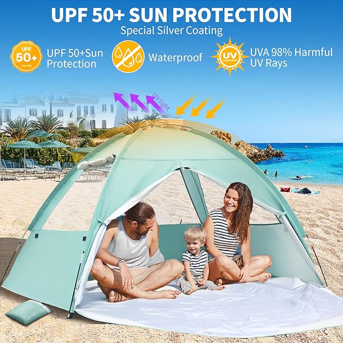 Beach Tent for 3-4 Person, Large Easy Setup Beach Shade Canopy with UPF 50＋ UV Protection, Portable Shade Tent with 3 Ventilating Mesh Windows for Outdoor, Picnics, Fishing